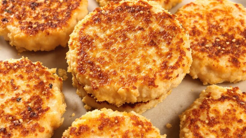 Fischfrikadellen auf einem Teller, goldbraun gebraten.