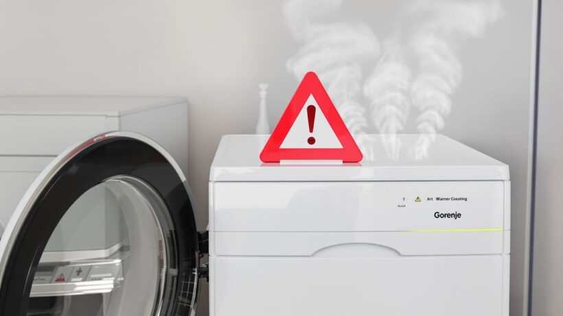 Gorenje Wäschetrockner mit Rauch und rotem Warnsymbol
