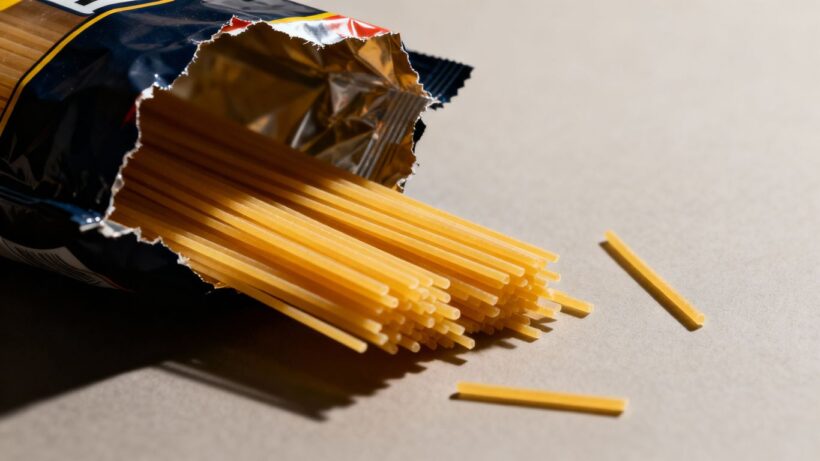 Nudeln fallen aus einer Packung, Rückruf wegen Staphylokokken.