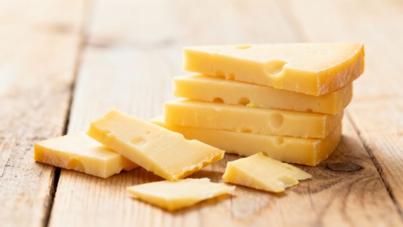 Gestapelte und verstreute Scheiben Raclette-Käse