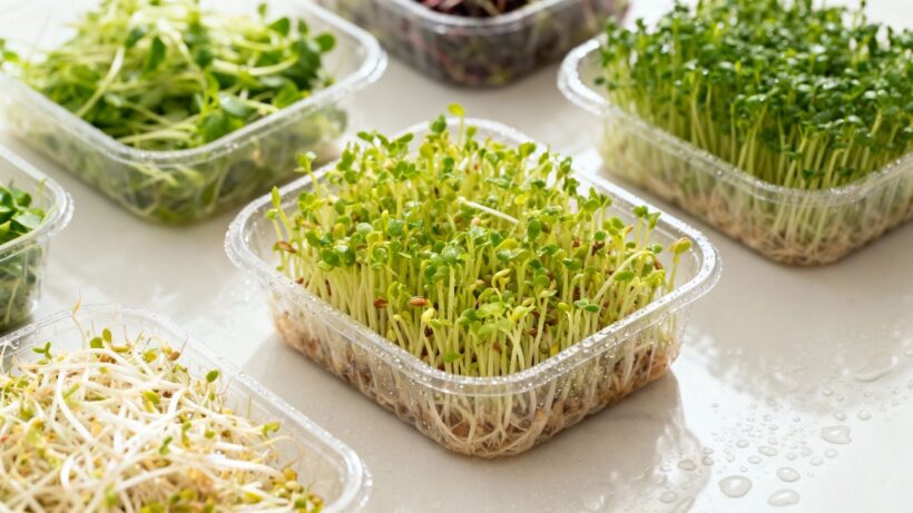 Verschiedene frische Bio-Sprossen in Plastikverpackungen auf Tisch.