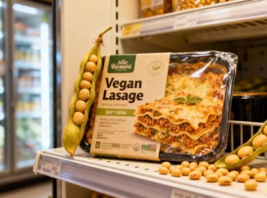 Vegane Lasagne und Sojabohnen im Supermarktregal