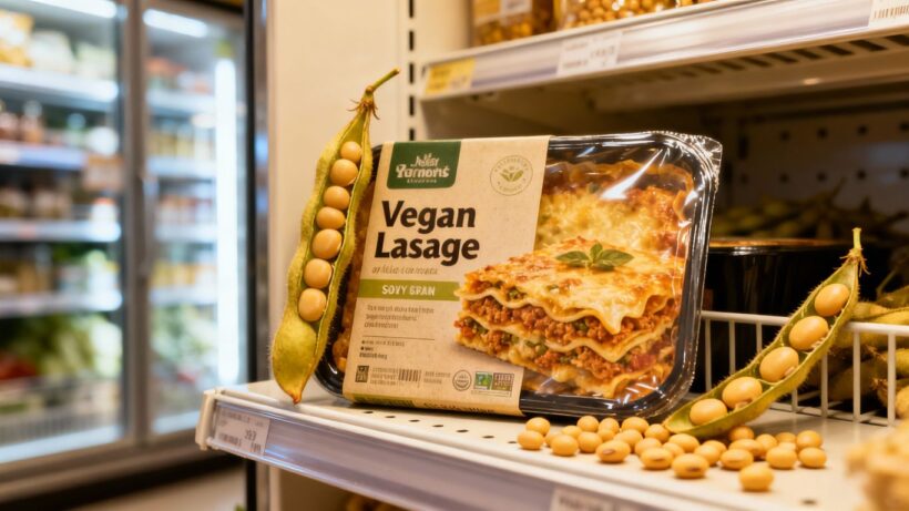Vegane Lasagne und Sojabohnen im Supermarktregal
