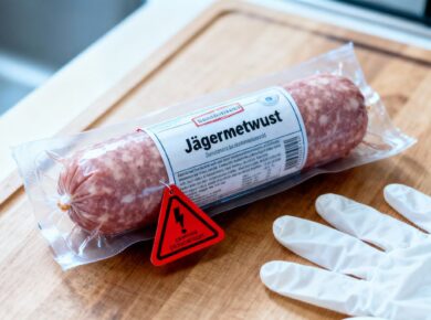 Abgepackte Jägermettwurst mit Warnetikett auf Küchentisch