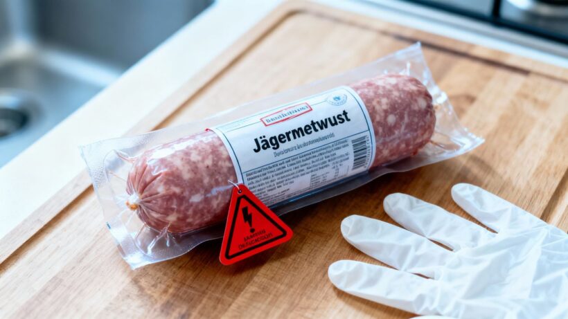 Abgepackte Jägermettwurst mit Warnetikett auf Küchentisch
