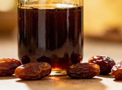 Flasche mit Dattelsirup und getrockneten Datteln.