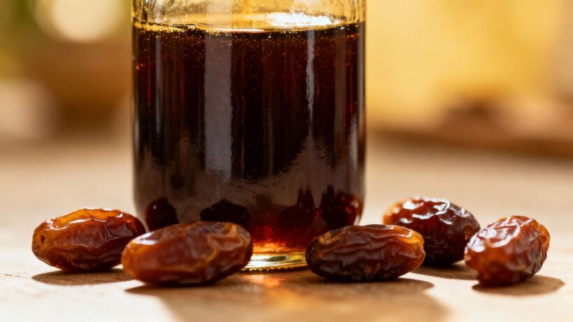Flasche mit Dattelsirup und getrockneten Datteln.