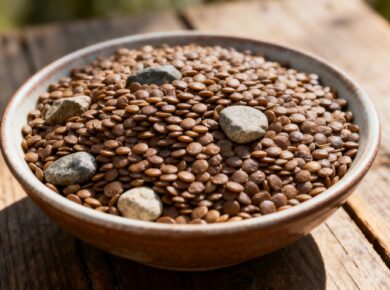 Braune Linsen mit sichtbaren kleinen Steinen in einer Schale