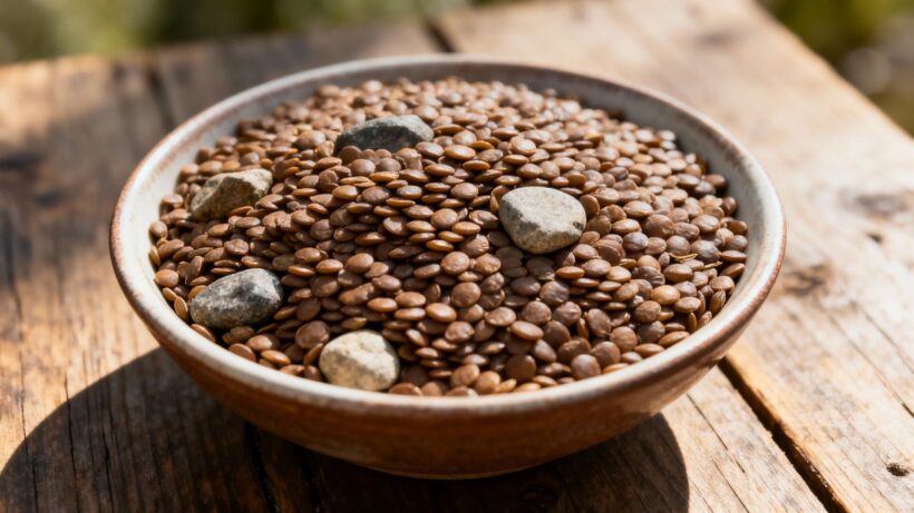 Braune Linsen mit sichtbaren kleinen Steinen in einer Schale