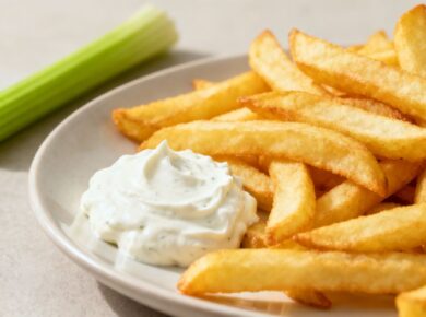 Pommes mit weißer Soße und Selleriestange