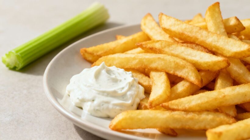 Pommes mit weißer Soße und Selleriestange