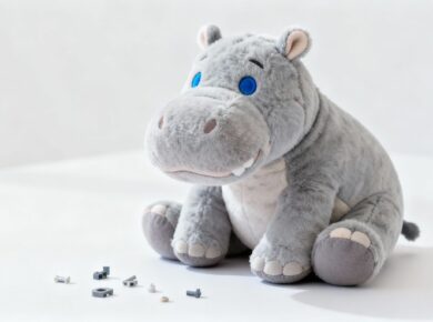 Plüsch-Nilpferd mit kleinen, losen Teilen daneben.