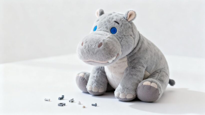 Plüsch-Nilpferd mit kleinen, losen Teilen daneben.