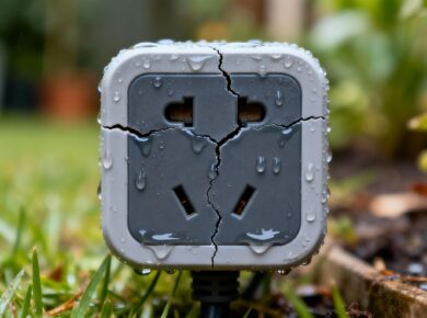 Defekte Outdoor-Steckdose mit Haarrissen im Garten