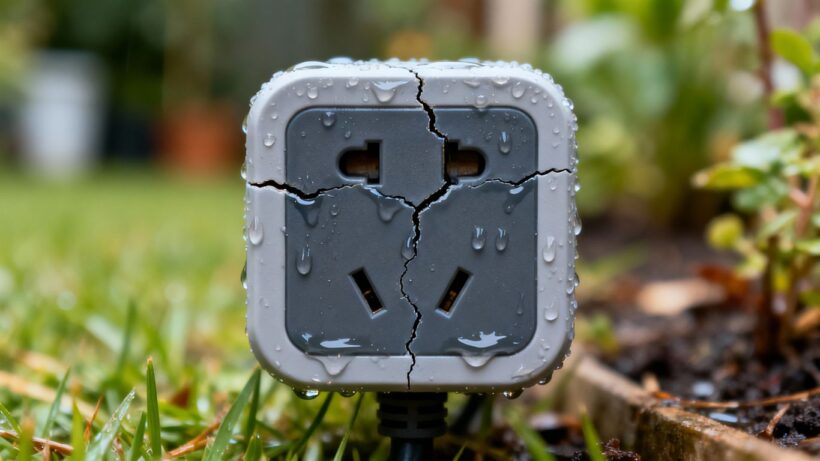 Defekte Outdoor-Steckdose mit Haarrissen im Garten
