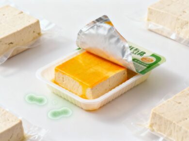 Zurückgerufener Bio-Tofu mit Bakteriensymbolen dargestellt