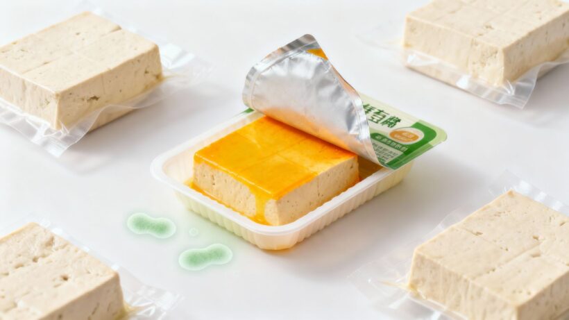 Zurückgerufener Bio-Tofu mit Bakteriensymbolen dargestellt