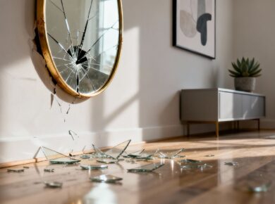 Abgefallener Spiegel BAYRAMI an einer weißen Wohnzimmerwand