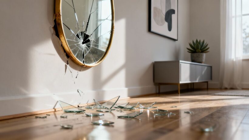 Abgefallener Spiegel BAYRAMI an einer weißen Wohnzimmerwand