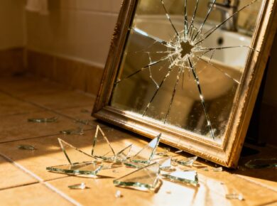 Gefährlich gekippter Badezimmerspiegel mit Glasscherben am Boden.