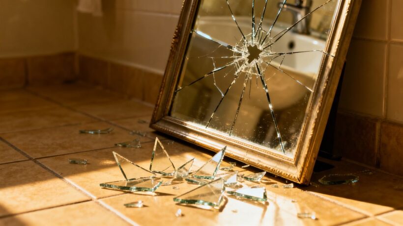 Gefährlich gekippter Badezimmerspiegel mit Glasscherben am Boden.