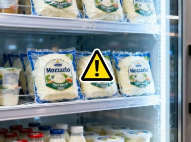 Mozzarella im Kühlregal mit Warnsymbol bei REWE