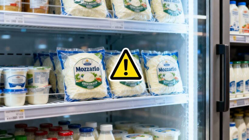 Mozzarella im Kühlregal mit Warnsymbol bei REWE