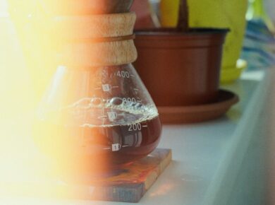 brown and white labeled bottle